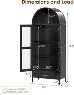 73In Tall Metal Arched Cabinet, Arched Display Pantry Cabinet With Glass Door, Modern Farmhouse Bookcase With 1 Drawer And 2 Adjustable Shelves For Living Room, Black, Assembly Required