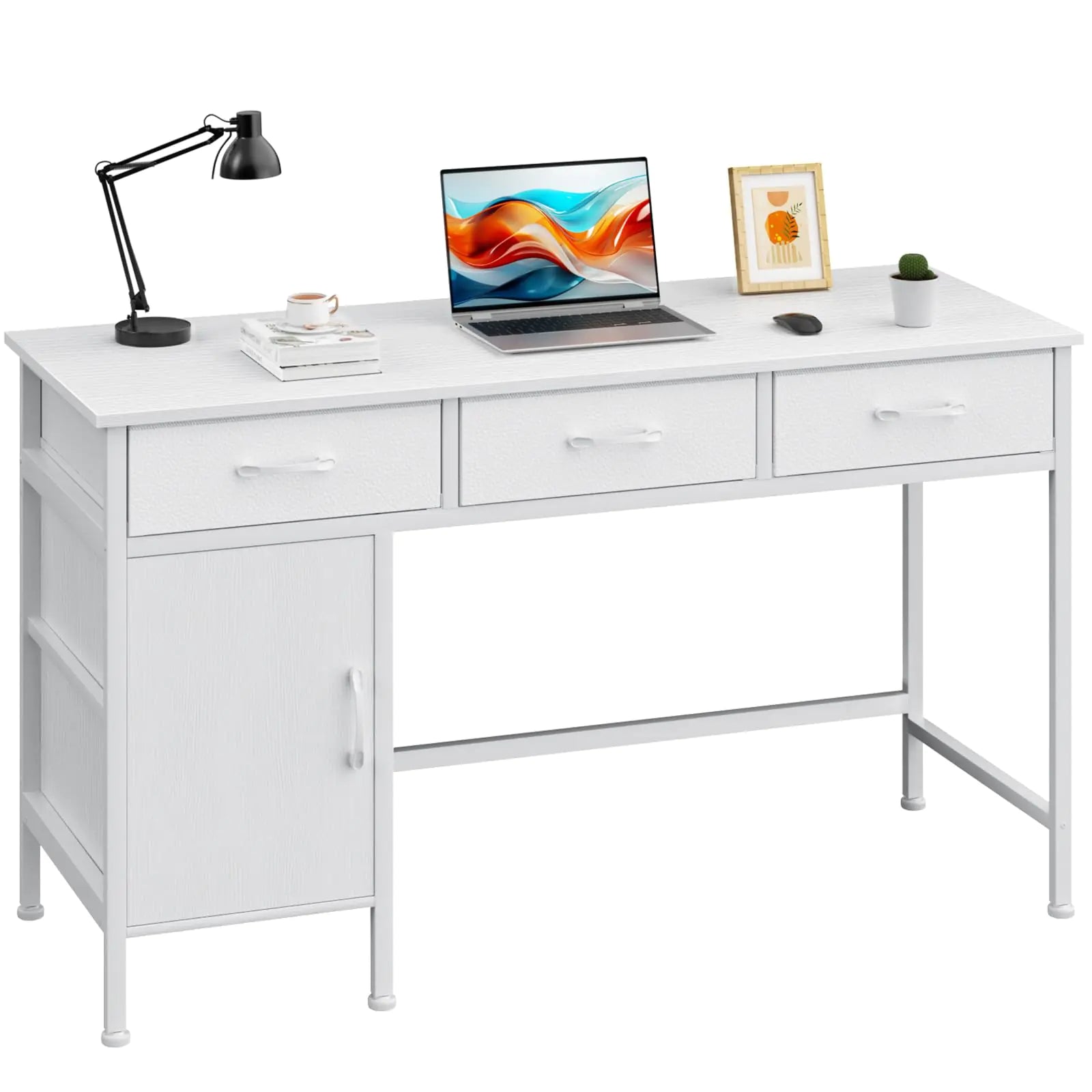 Korfile White Desk with Storage Cabinet and 3 Fabric Drawers 47 Inch Home Office Desk for Writing Study Gaming Computer Table with Storage Space Modern Vanity Desk for Bedroom