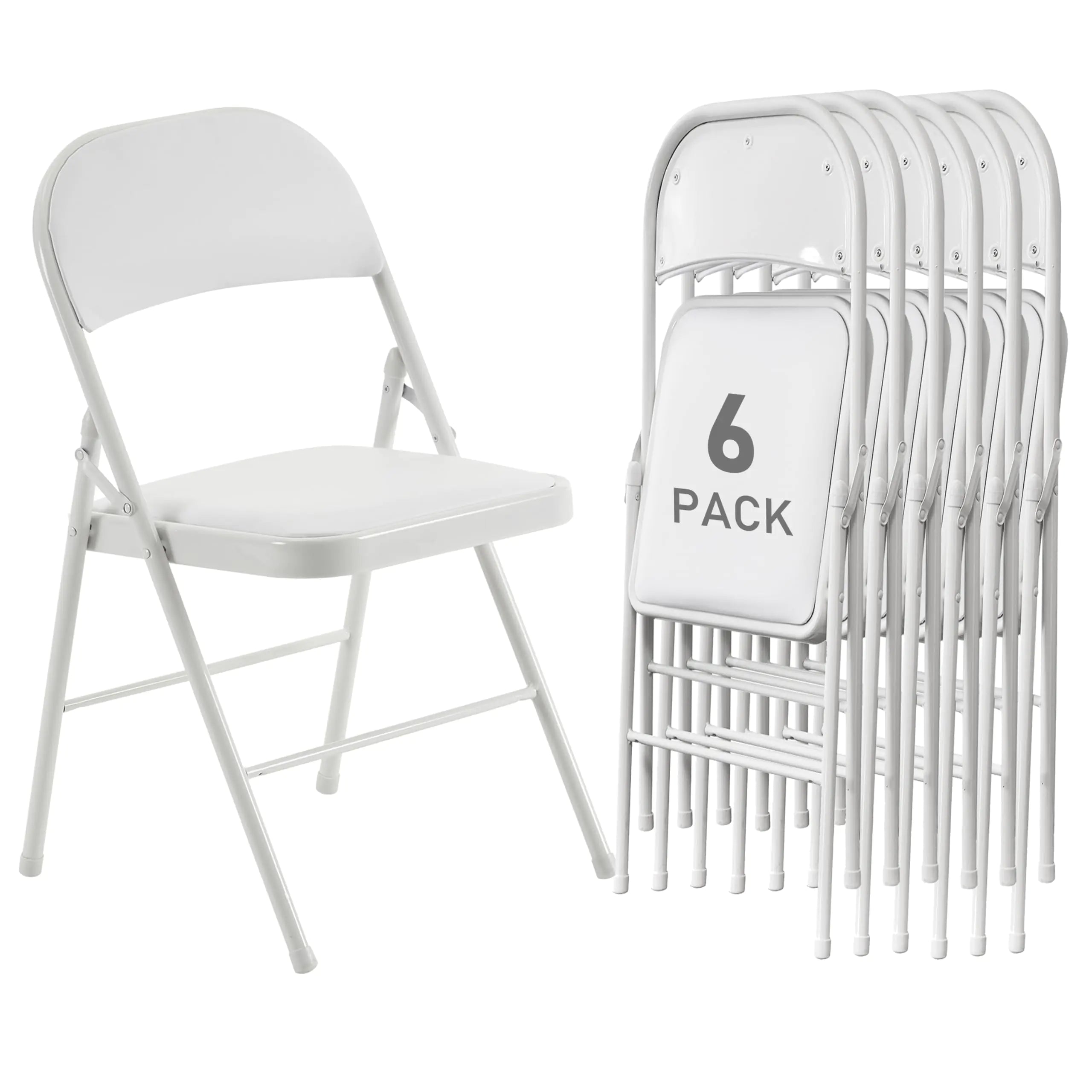 6 Pack White Folding Chairs with Padded Cushion and Back for Outside Portable Stackable Commercial Foldable Chairs with Steel Frame for Events Office Wedding Party 330lbs Capacity