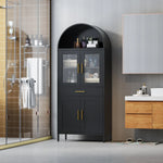 73 Inch Metal Tall Arched Display Cabinet, Metal Arched Bookshelf With Doors,Shelves,Drawers, Modern Freestanding Bookcase For Home Office Bar Living Room ,Black