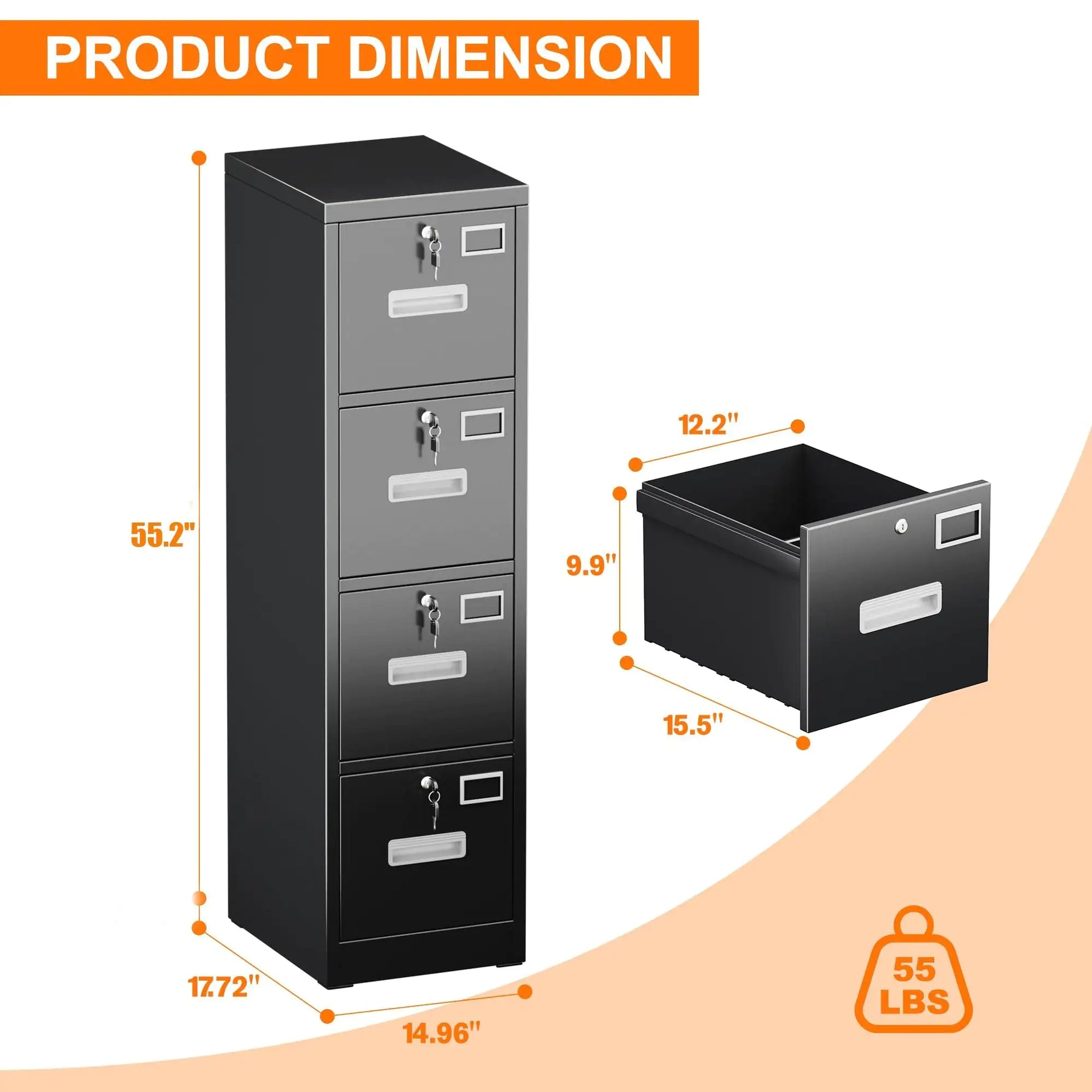 4 Drawer File Cabinet, Metal Vertical Black Filing Cabinets With Lock For Home Office With Name Card Holder For Letter,Legal,A4,F4 Size,Assemble Required