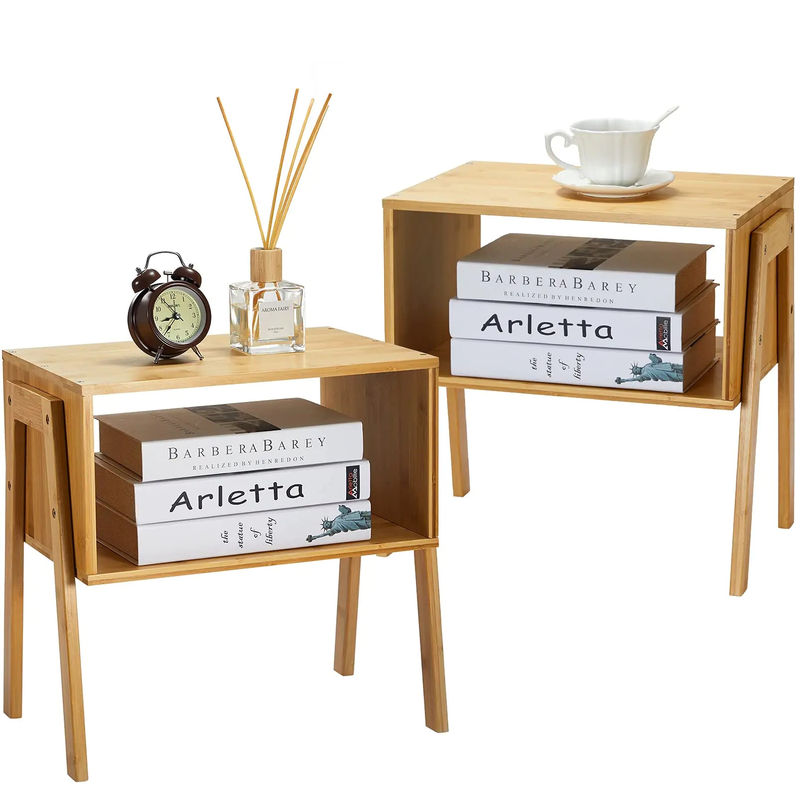 Pipishell Bamboo Stackable End Tables Wood Living Room Nightstand Bedside Tables for Bedroom Storage Set of 2
