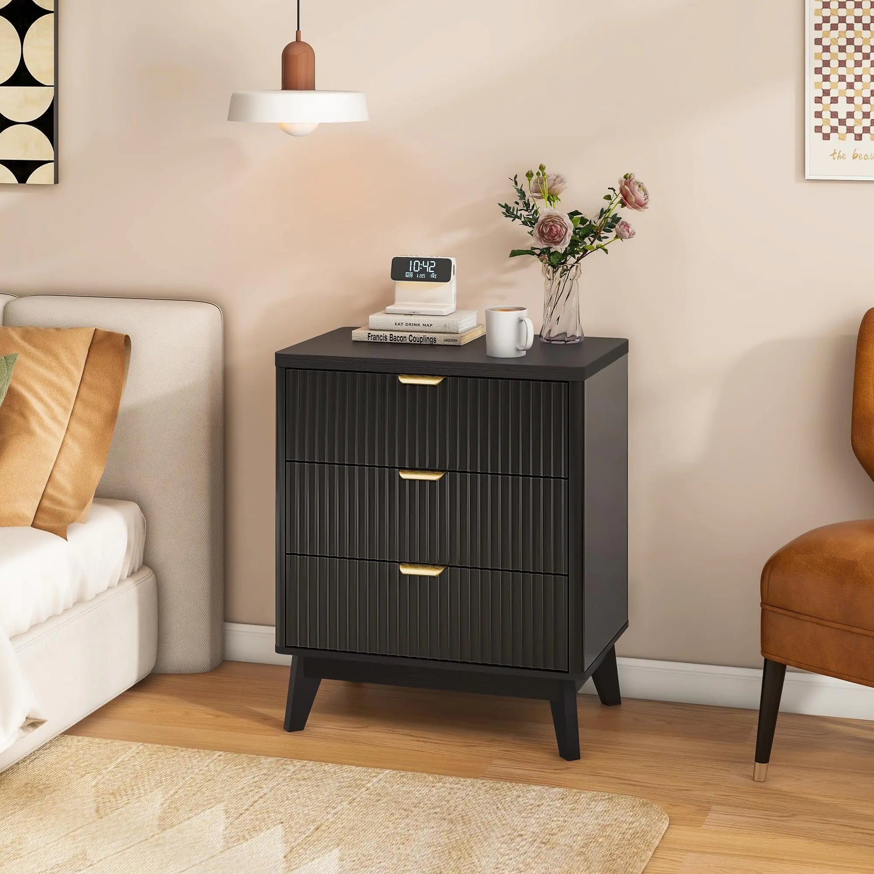 LYNCOHOME Fluted Nightstand with 3 Drawers Dresser Modern Wood Chest of Bedside Table with Curved Profile Fluted Dresser & Wood Drawer Organizer for Bedroom