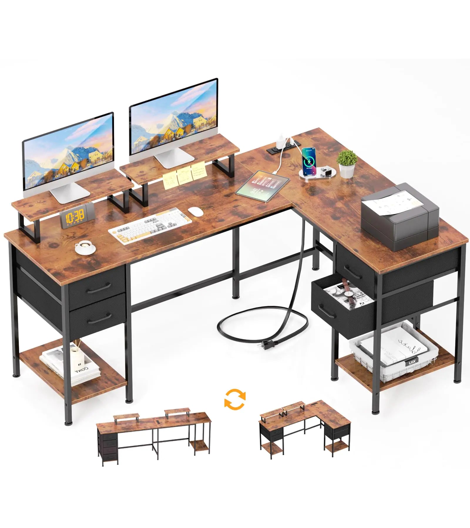 Korfile L Shaped Computer Desk with Power Outlets Home Office Desk with 4 Adjustable Storage Drawers Corner Desk with 2 Monitor Stands Two Person Gaming Desk for Bedroom 59 inch Rustic Brown