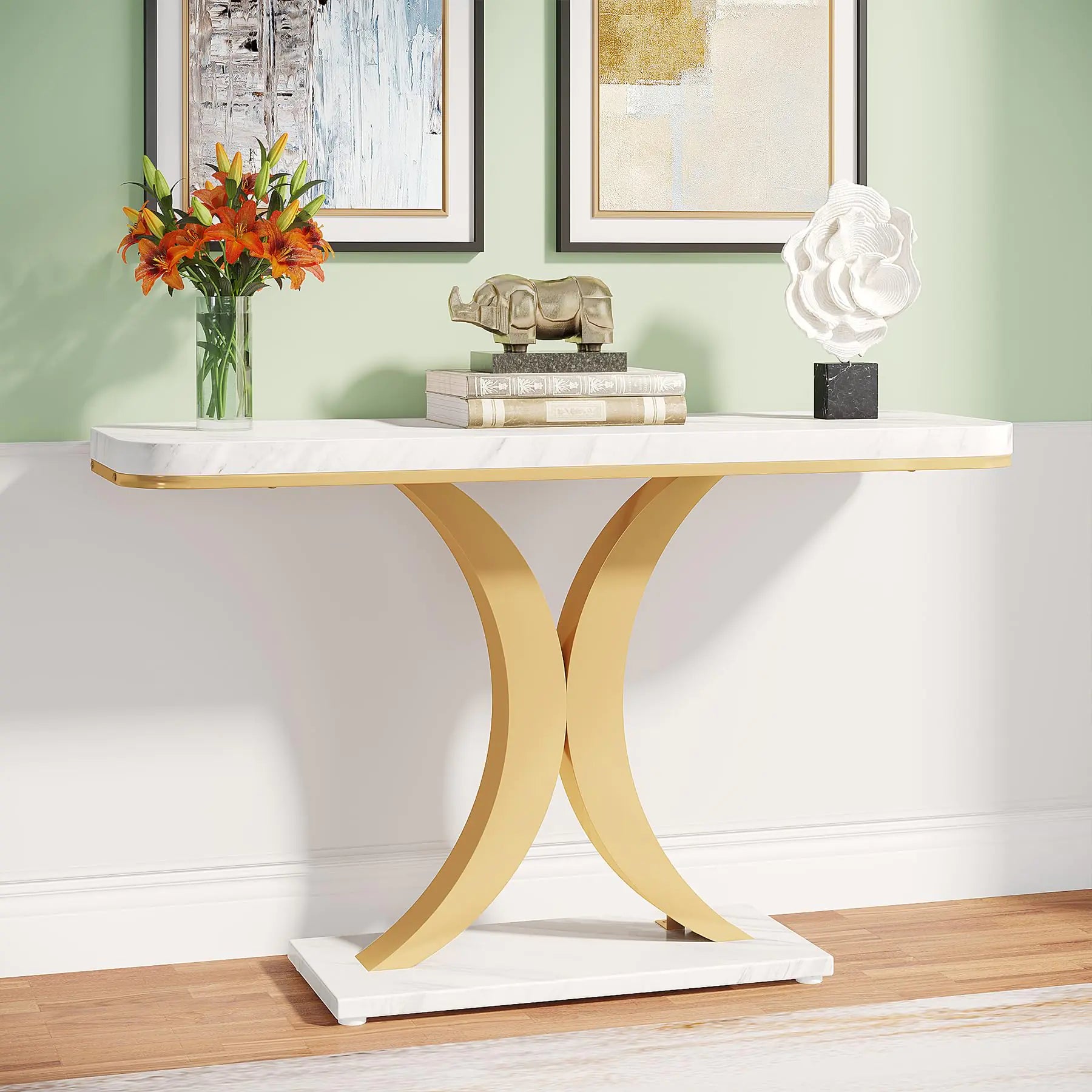Tribesigns Modern Gold Console Table 40 inch Narrow Entryway Foyer Table with Geometric Base Rustic Hallway Accent Table for Living Room Entrance White and Gold