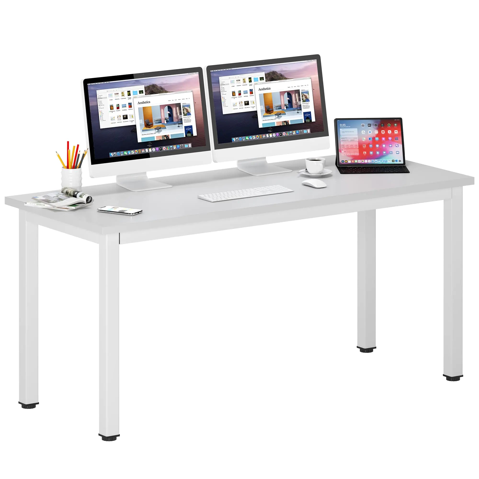 DlandHome 63 inches X-Large Computer Desk Composite Wood Board School Desk Decent and Steady Home Office Desk/Workstation/Table BS1-160WW White and White Legs 1 Pack