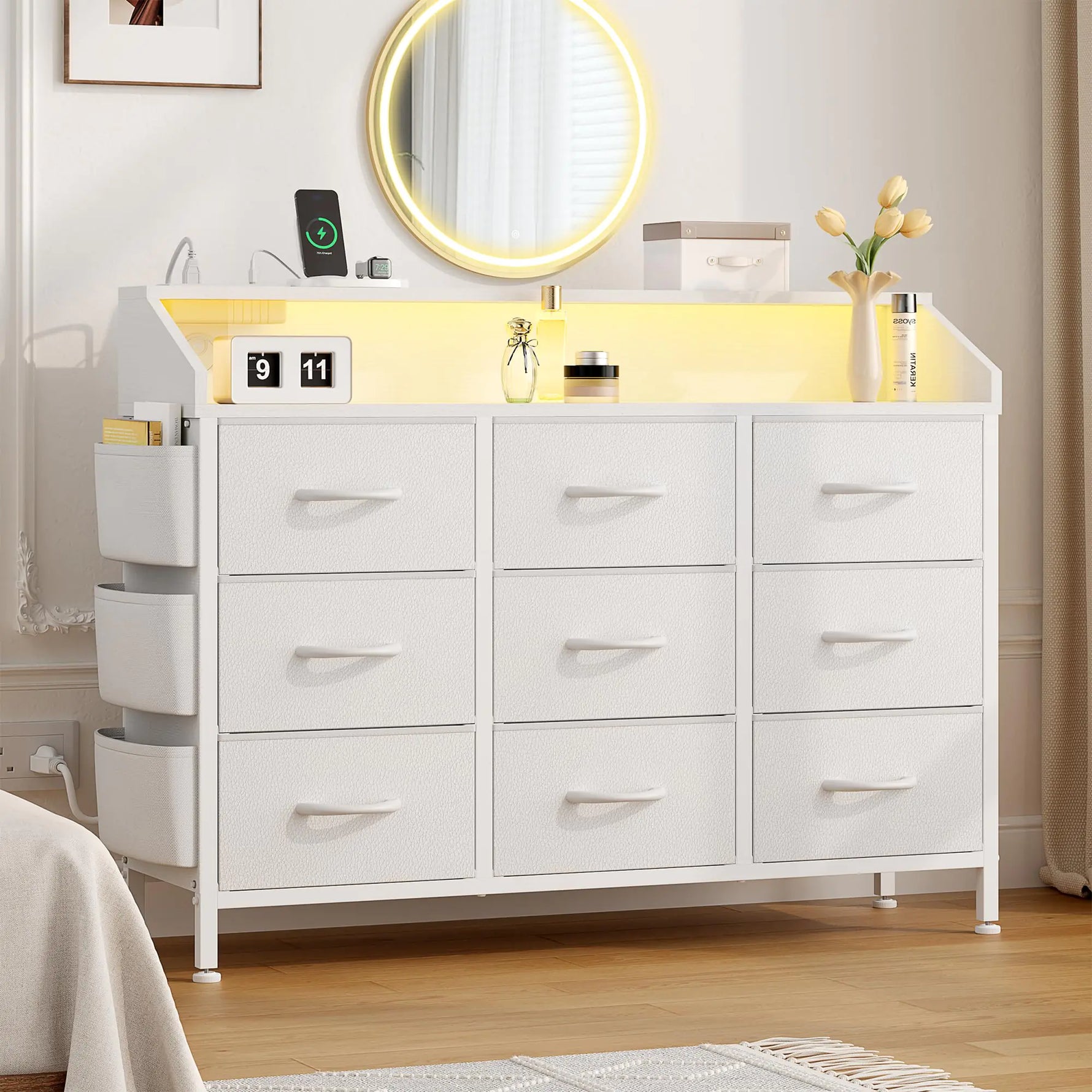 Lulive White Dresser for Bedroom 9 Drawers - Fabric Dressers for Bedroom with LED Light & Charging Station - Adults Chest of Drawers for Living Room Hallway Closet Nursery (White)