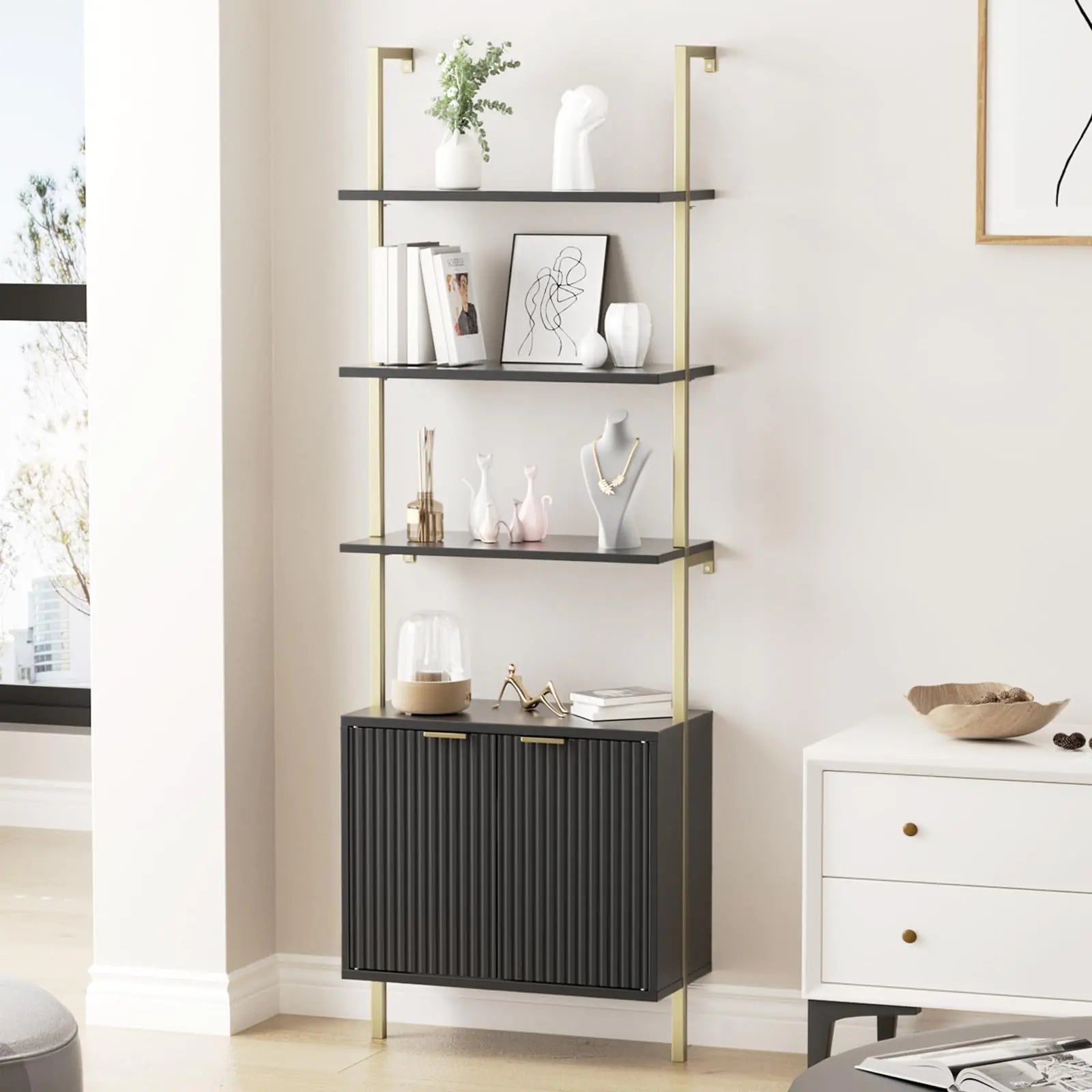 Ladder Bookshelf with Cabinet 71" Tall Wall Mounted Bookcase with Shelves & Storage Fluted Ladder Shelf with Metal Frame 5-Tier Display Rack for Living Room Home & Office Bedroom Black & Gold