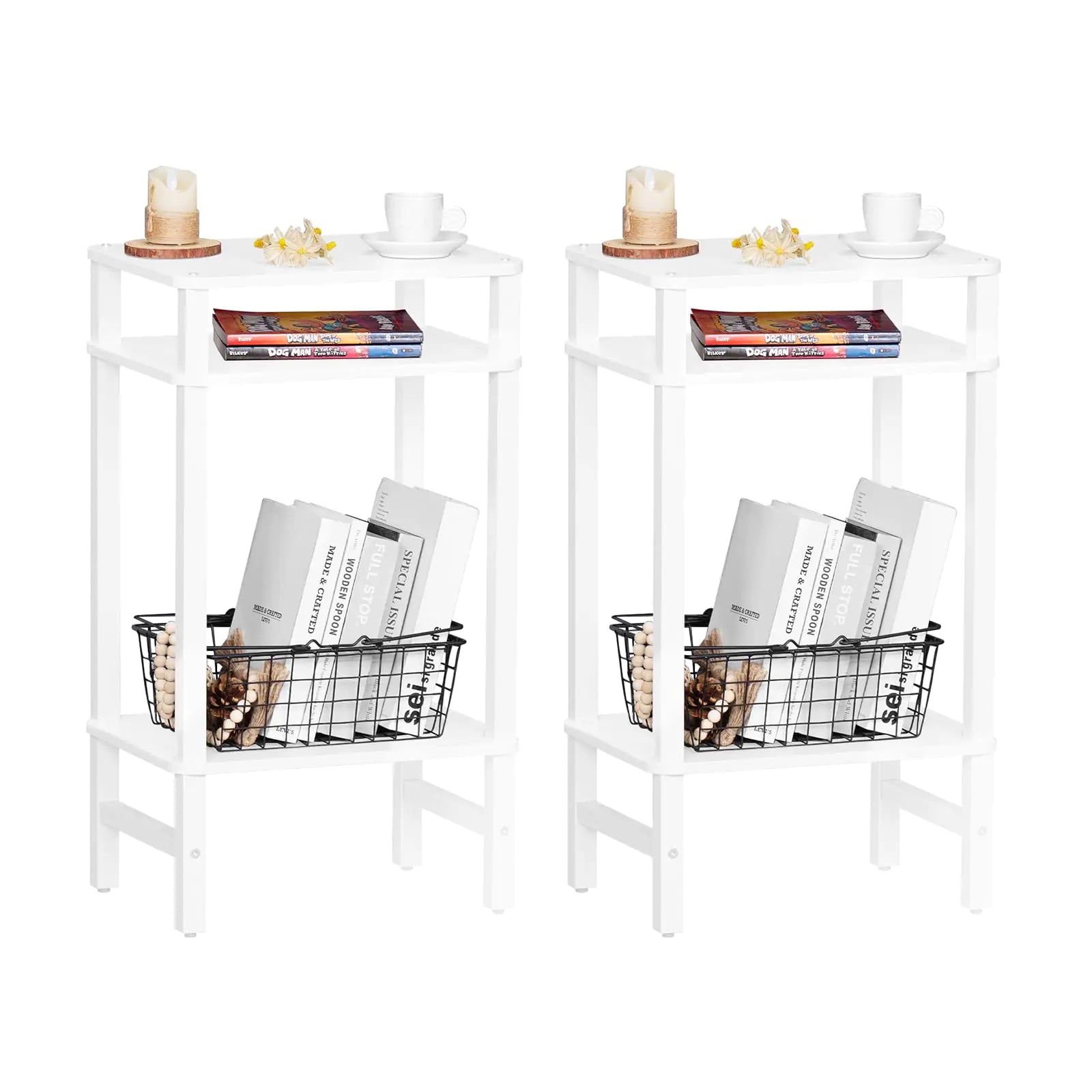 YUFAM 28in Tall Side Tables Set of 2 3 Tier Small end tables for small spaces narrow entryway tables with Storage entrance tables for front door Wooden frame for Living Room Bedroom Hall White