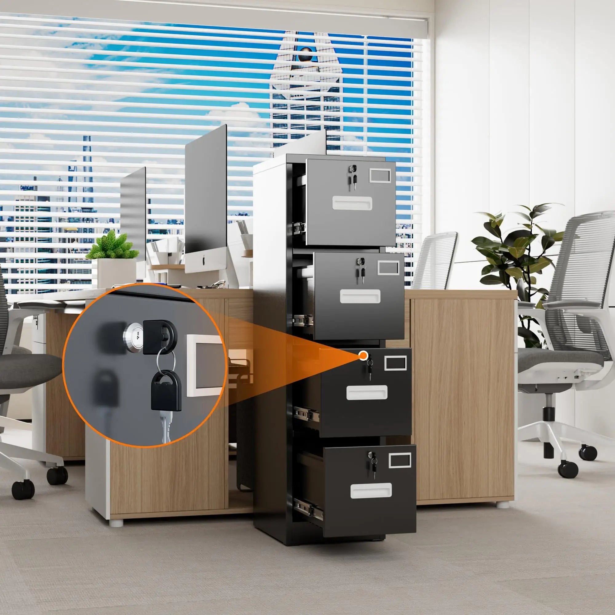 4 Drawer File Cabinet, Metal Vertical Black Filing Cabinets With Lock For Home Office With Name Card Holder For Letter,Legal,A4,F4 Size,Assemble Required