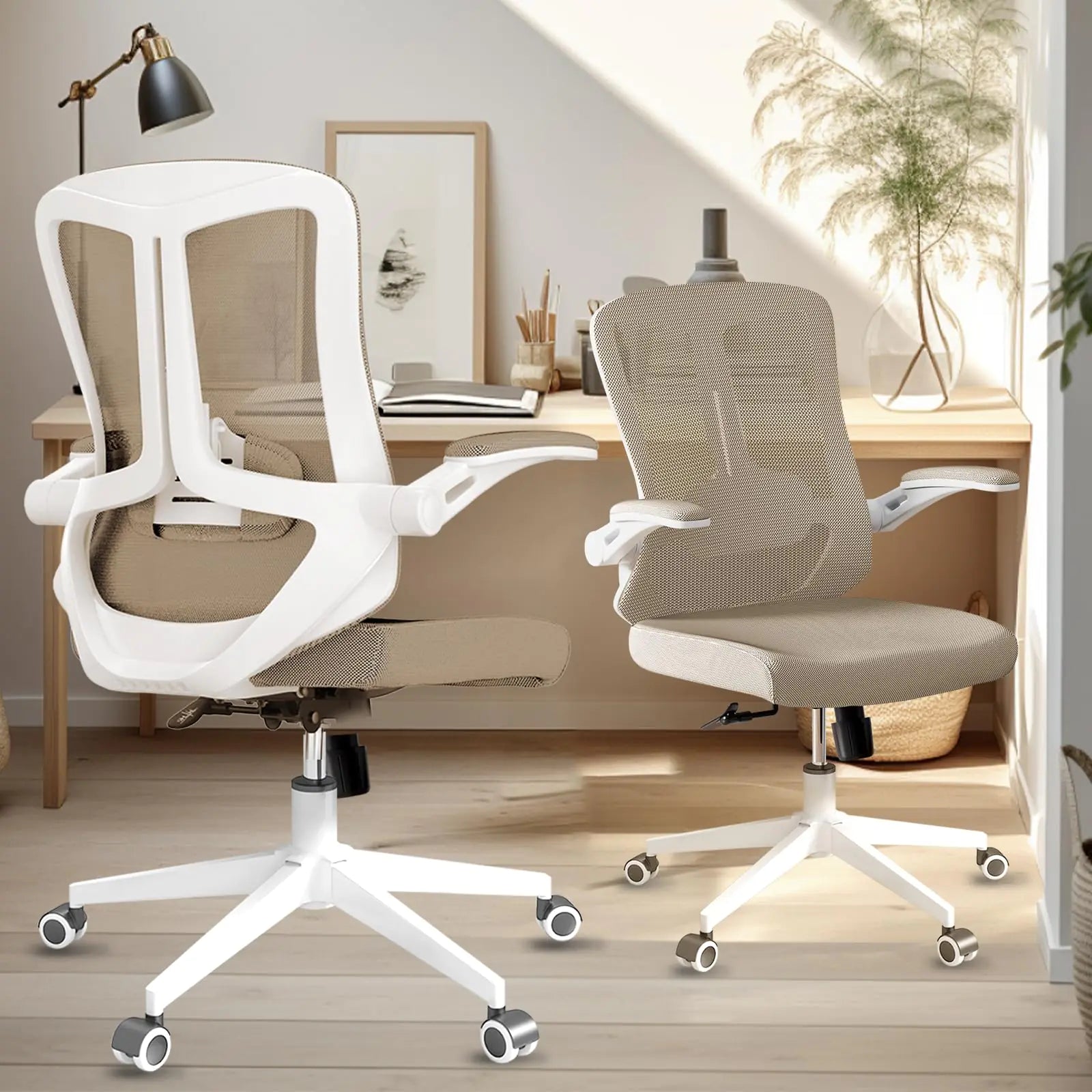 Ergonomic Office Chair High Back Comfy Desk Chairs - Home Swivel Computer Chair with Adjustable Headrest Flip-up Armrest Lumbar Tilt Function Backrest PU Rolling Wheels Capacity 350LBS (Khaki)