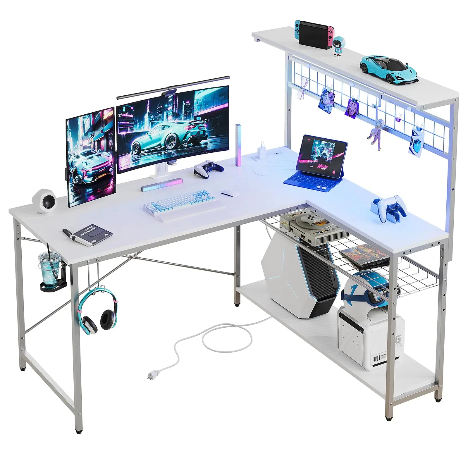 Bestier Gaming Desk 51" L-Shaped with Power Outlets & LED Lights- 4 Tier Shelves Reversible Gamer Table with Hooks & Cup Holder for Home OfficeCarbon Fiber White