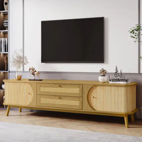 Rattan TV Stand For TVs Up To 75'', Modern Farmhouse Media Console, Entertainment Center With Solid Wood Legs, TV Cabinet For Living Room,Home Theatre