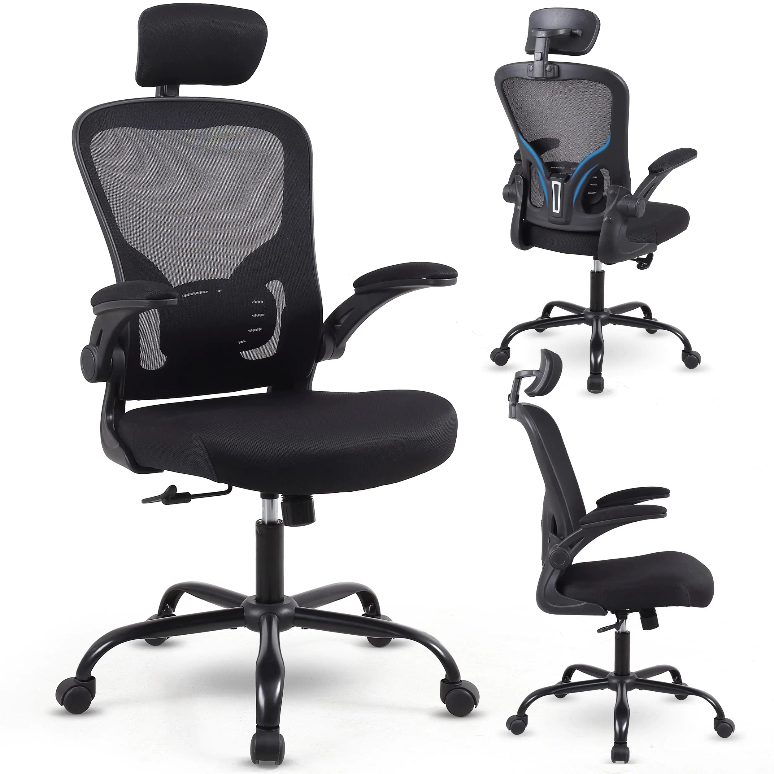 Flysky Ergonomic Office Desk Chair Breathable Mesh Swivel Computer Chair Lumbar Back Support Task Chair Office Chairs with Wheels and Flip-up ArmsExecutive Rolling Chair (B-Black 5001H)