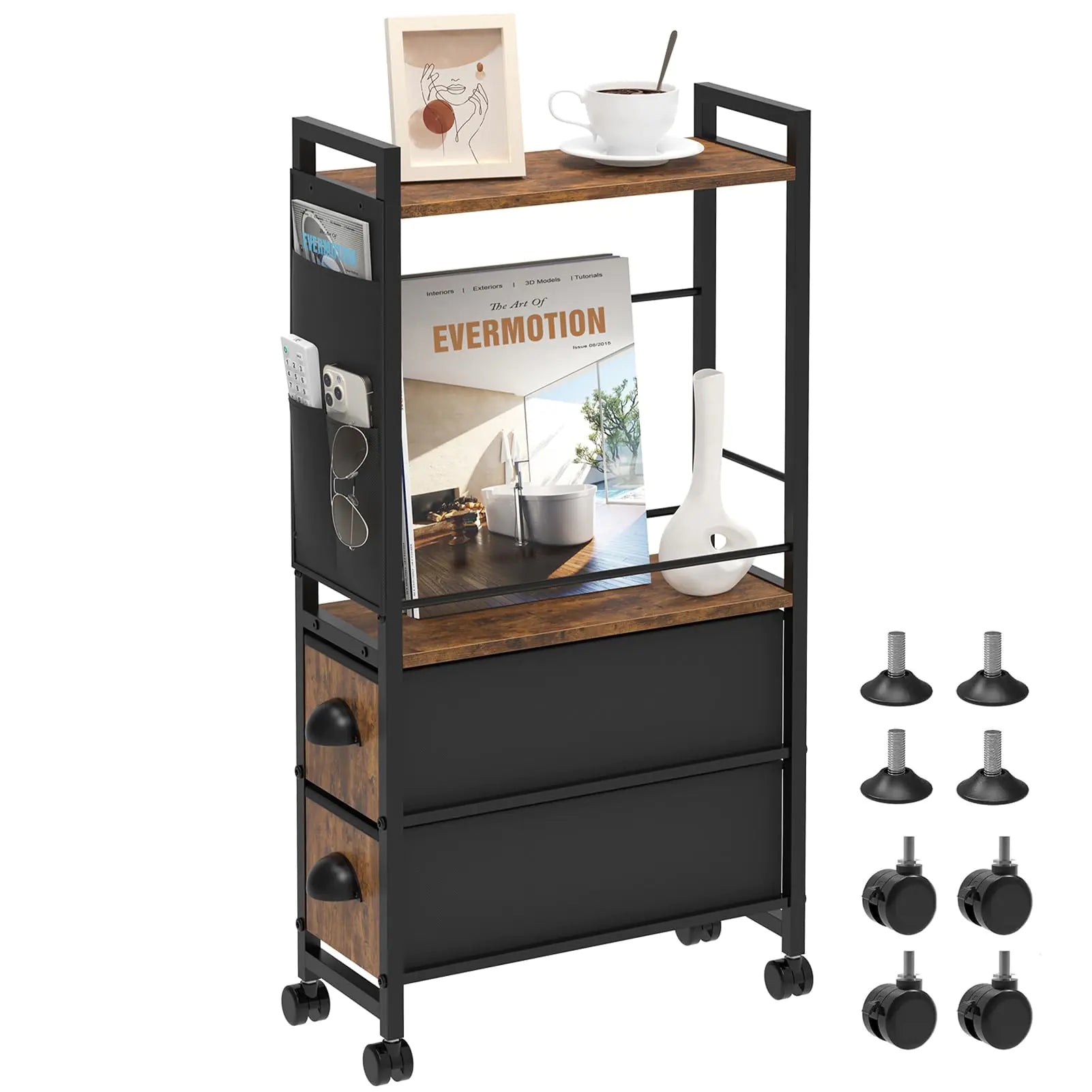 Small Narrow Side Tables for Small Spaces Oppro Narrow Skinny Bedside Table Nightstand with Drawers&Wheels Slim Table Stand Magazine Rack with Storage Bag for Sofa Living Room Couch Bedroom (Rustic)