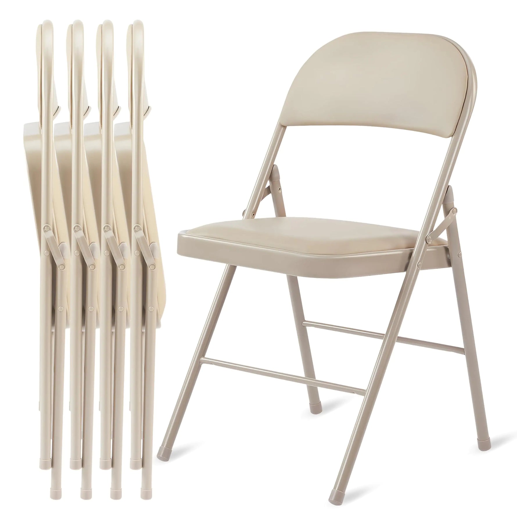 Simple Deluxe 4 Pack Folding Chairs with Leather Padded Cushion Seats & Durable Metal Frame Comfortable Foldable Portable Commercial Event Seat Indoor Outdoor for Parties Home Office Kahki