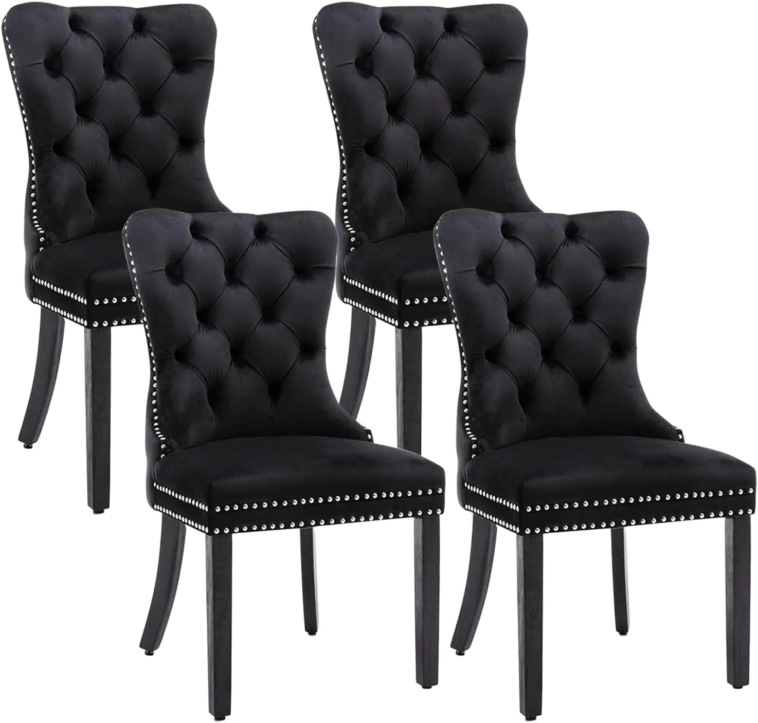 Eifizek Velvet Dining Chairs Set of 4 Tufted Dining Room Chairs with Nailhead Ring Pull Trim Upholstered Dining Chairs with Solid Wood Legs for Kitchen Dining Room (Black)