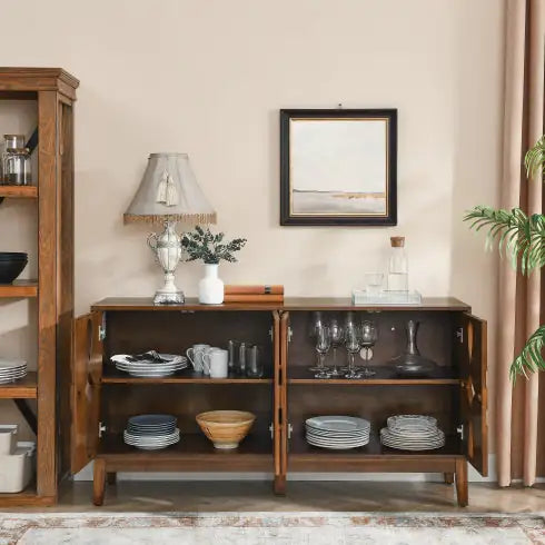 60.5 Mid Century Modern Sideboard Buffet Cabinet With Storage, TV Media Console Table, Storage Cabinet With 4 Doors   Adjustable Shelves For Kitchen Dining Living Room Bedroom Entryway, Walnut