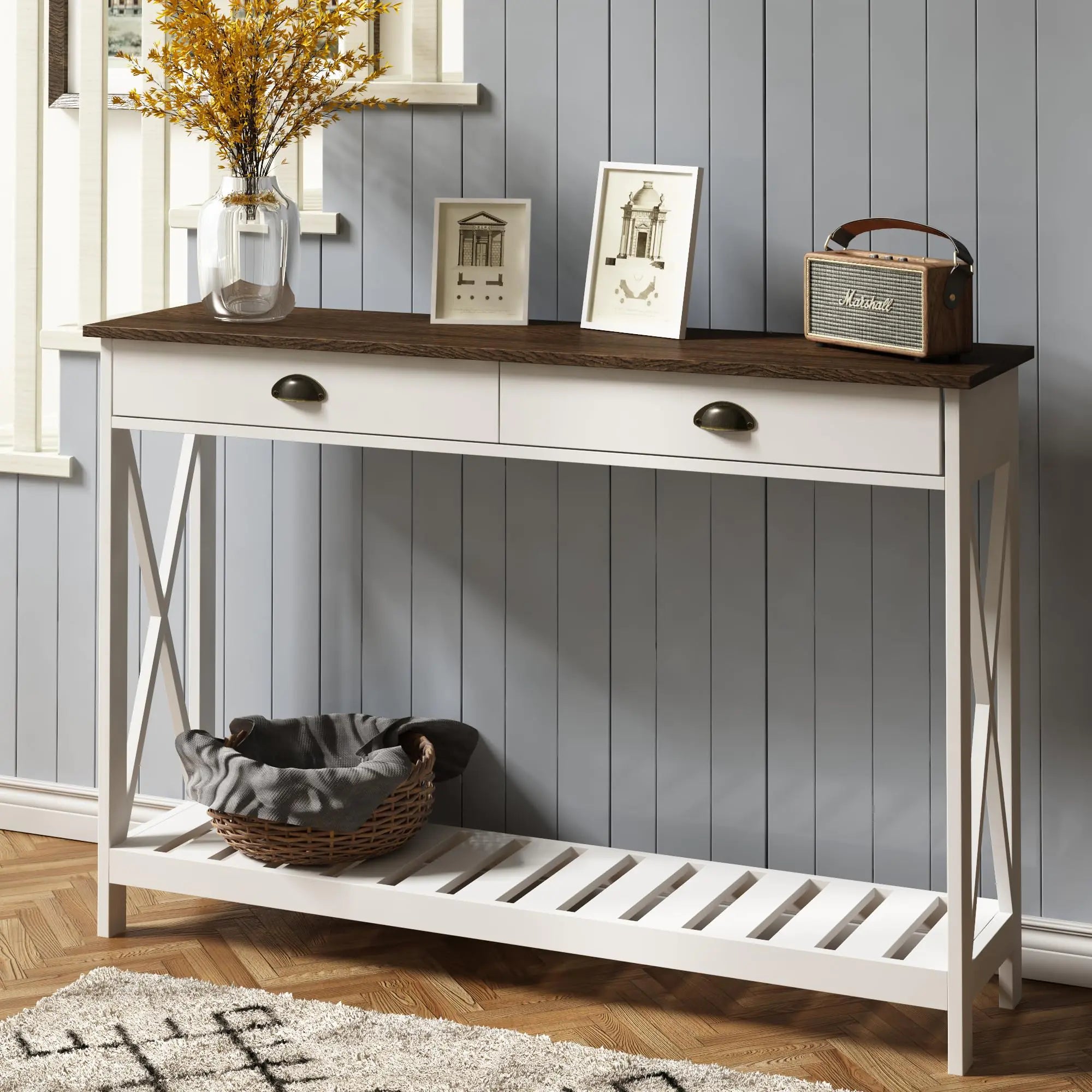 ChooChoo 47" Farmhouse Console Table with Drawer for Entryway Narrow Long Entry Table with Shelf for Living Room Rustic Vintage Hallway Sofa Table with Stable X Supports White