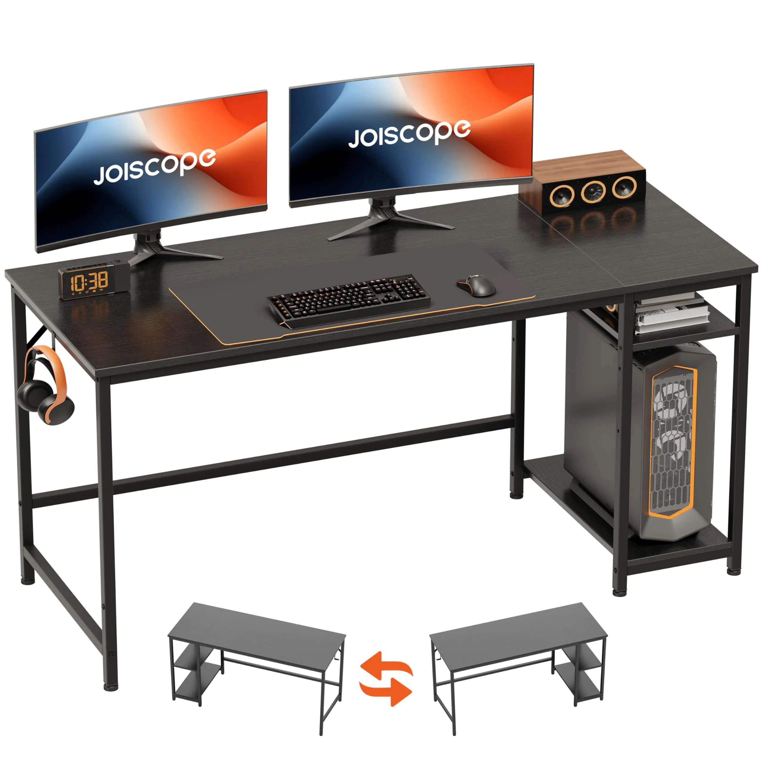 JOISCOPE Home Office Desk with Double Reversible Side Shelves and Headphone Hooks Computer Desk for Working Gaming Studying 60 inches Black