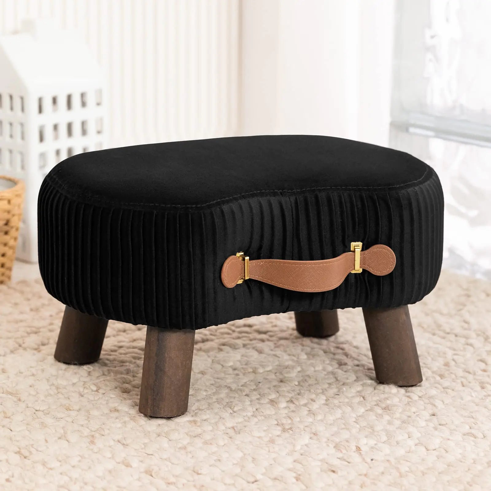 LUE BONA Small Curved Foot Stool with Handle Black Velvet Footstool and Ottomans Modern Foot Rest with Wooden Legs Step Stool with Padded Seat for Couch Living Room…