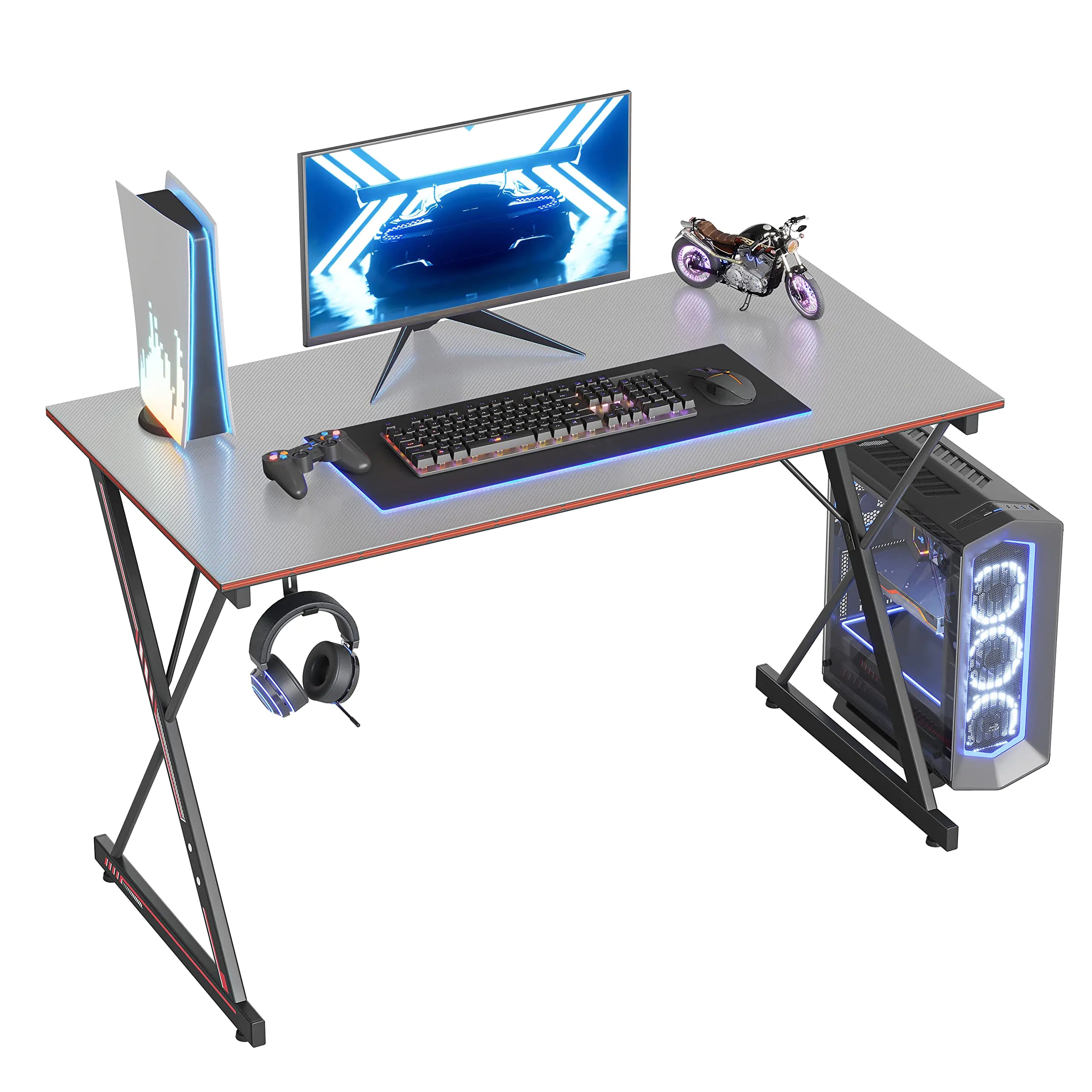 CubiCubi Gaming Desk 47 Inch PC Computer Desk Carbon Fiber Home Office Desk Table Gamer Workstation Simple Game Table with Headphone Hook Gray
