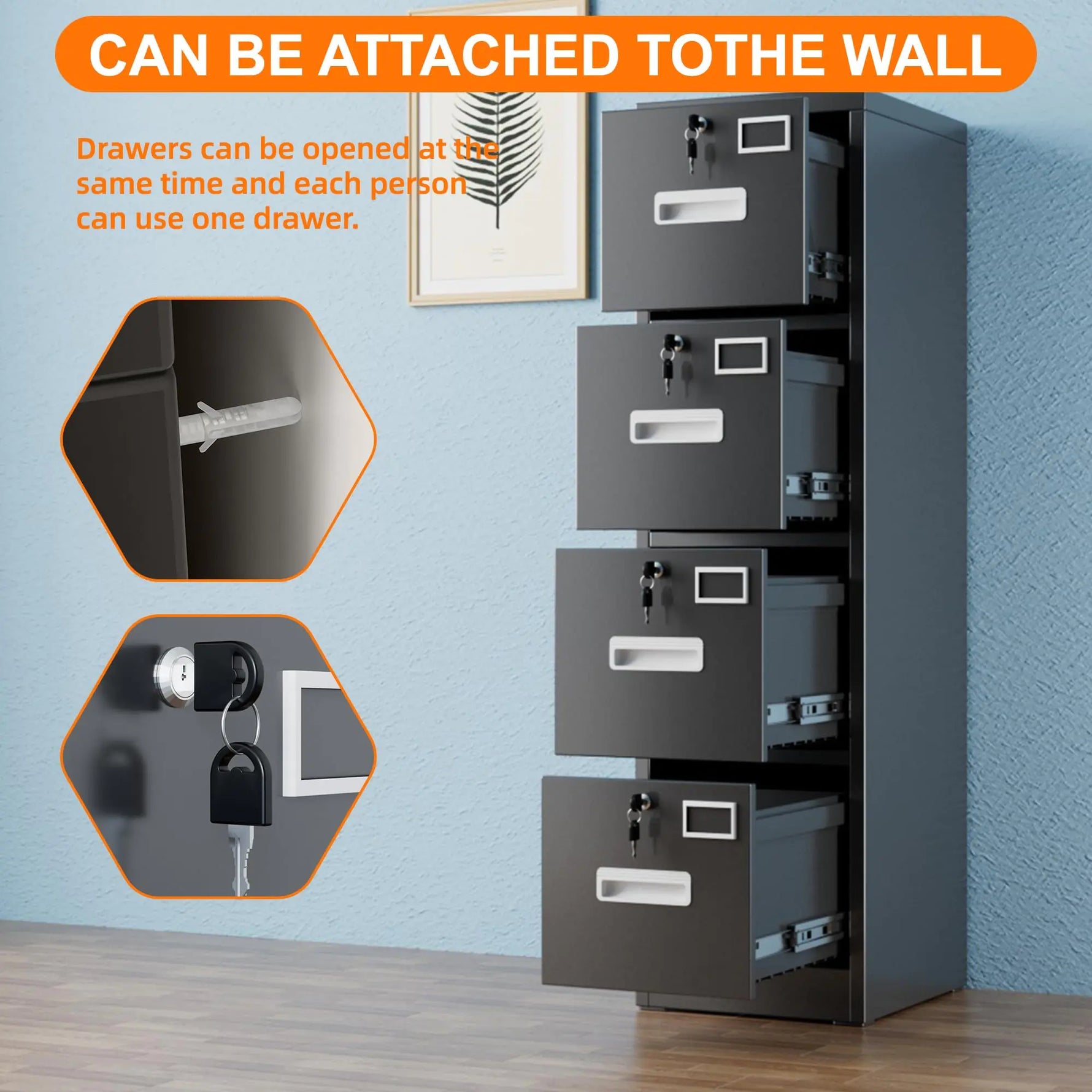 4 Drawer File Cabinet, Metal Vertical Black Filing Cabinets With Lock For Home Office With Name Card Holder For Letter,Legal,A4,F4 Size,Assemble Required