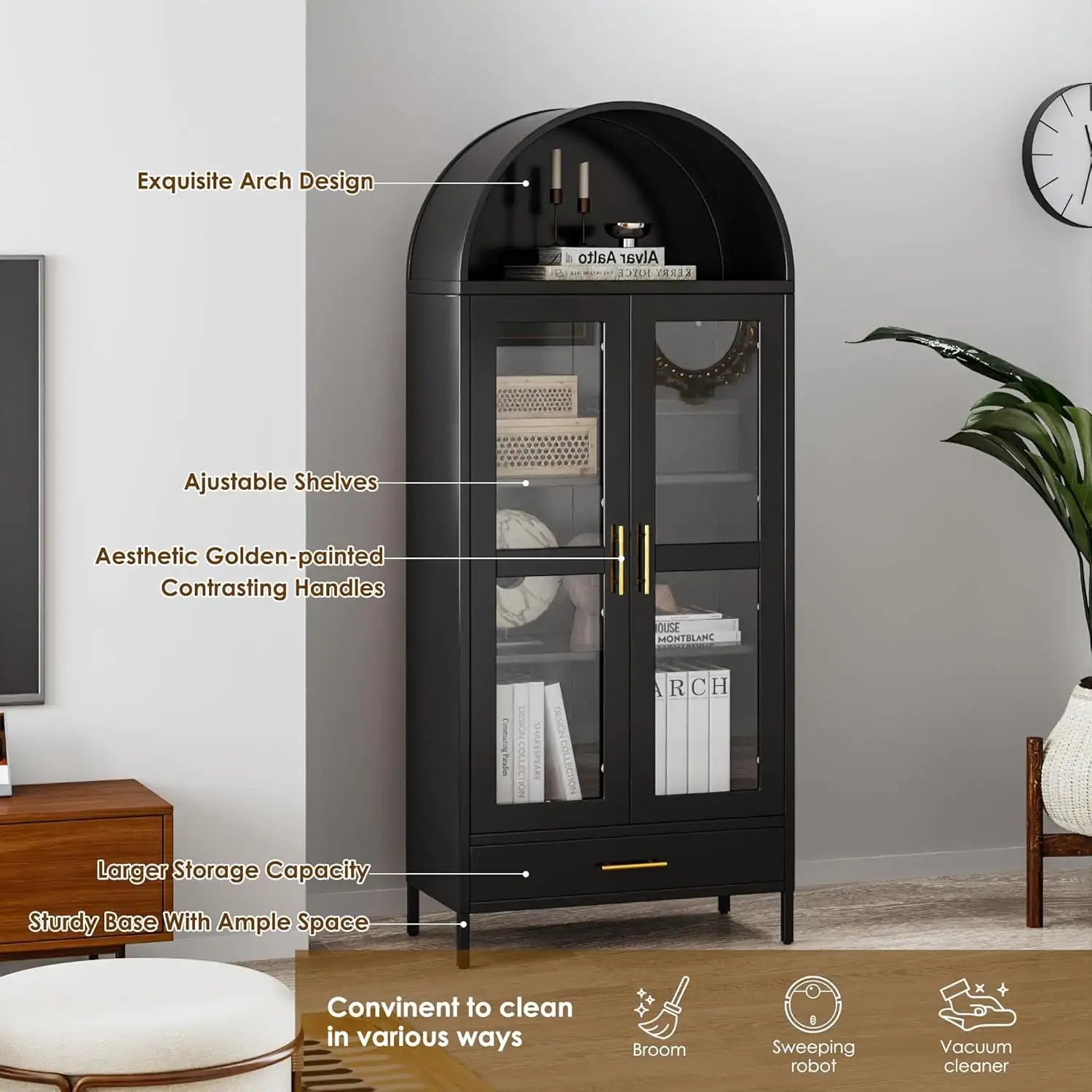 73In Tall Metal Arched Cabinet, Arched Display Pantry Cabinet With Glass Door, Modern Farmhouse Bookcase With 1 Drawer And 2 Adjustable Shelves For Living Room, Black, Assembly Required