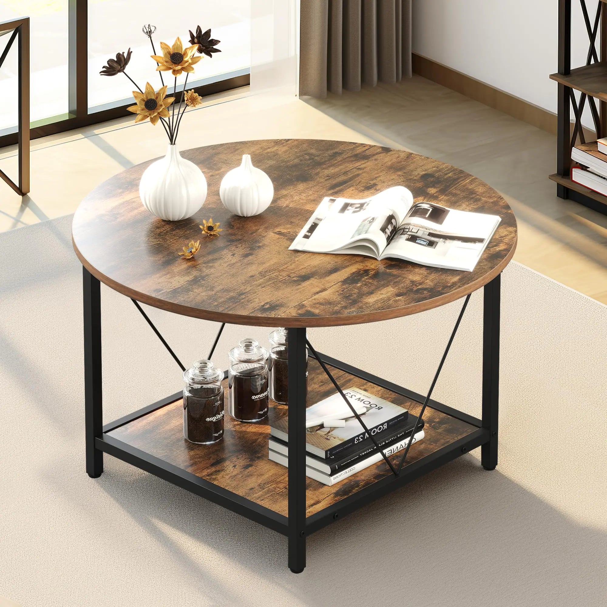 YITAHOME Round Coffee TableRustic Wood Coffee Tables for Living Room with Storage Shelf Modern Farmhouse Circle Coffee Table Center with Sturdy Metal Legs Home FurnitureRustic Brown