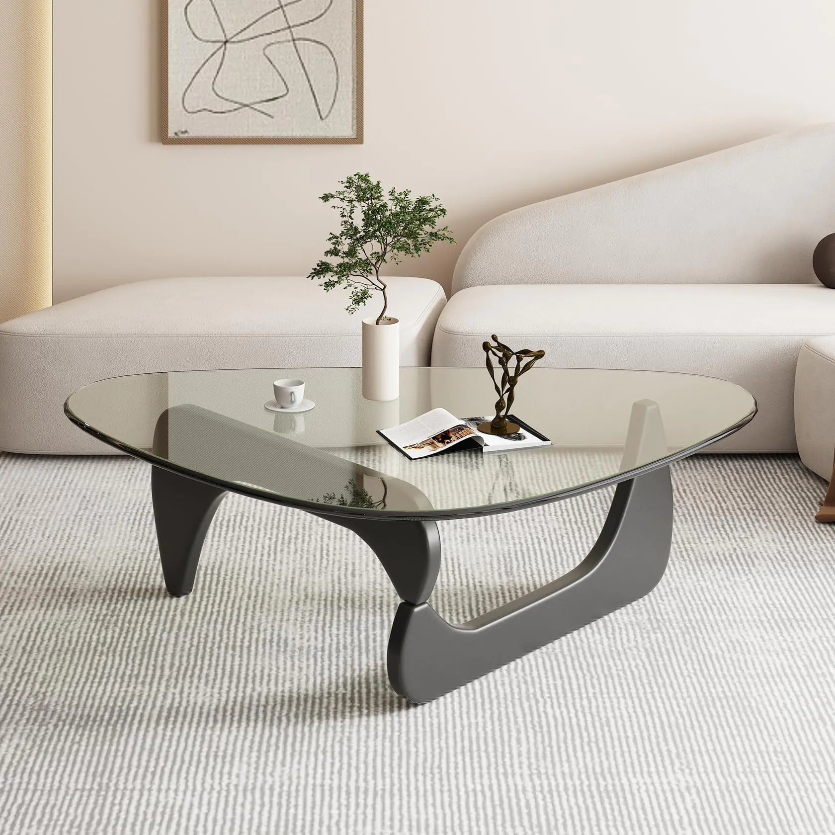 Triangle Coffee Table in Walnut Mid Century Modern Solid Wood Base and Triangle Clear Glass Coffee Table for Living Room Low Minimalist Tea Table Coffee Tables (36 * 25.6 * 16 Black Transparent)
