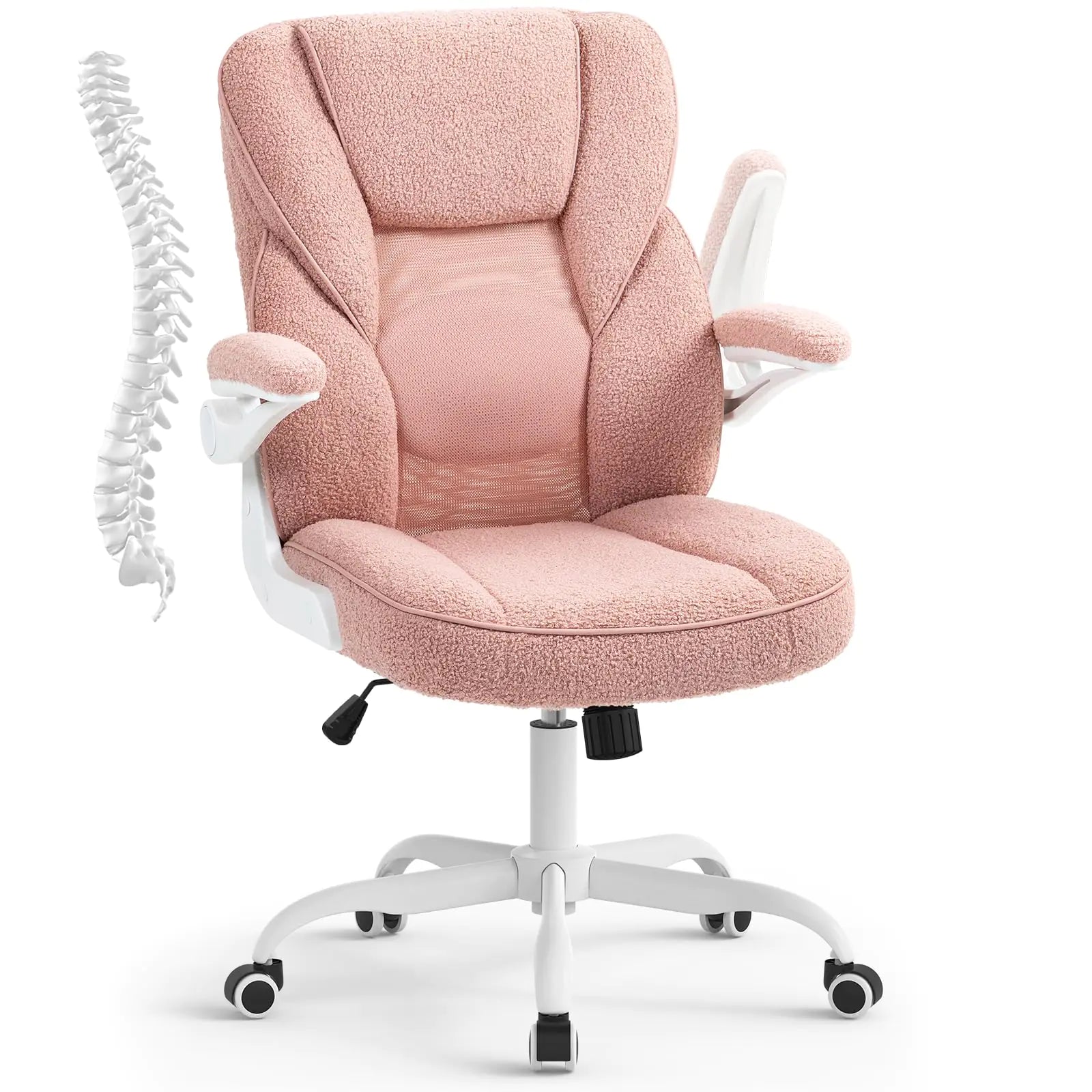 SEATZONE Pink Home Desk Office Chair with Arms and Wheels Comfortable Executive Computer Chair Breathable Mesh and Teddy Fleece Fabric Swivel Task Chairs for Women&Girls