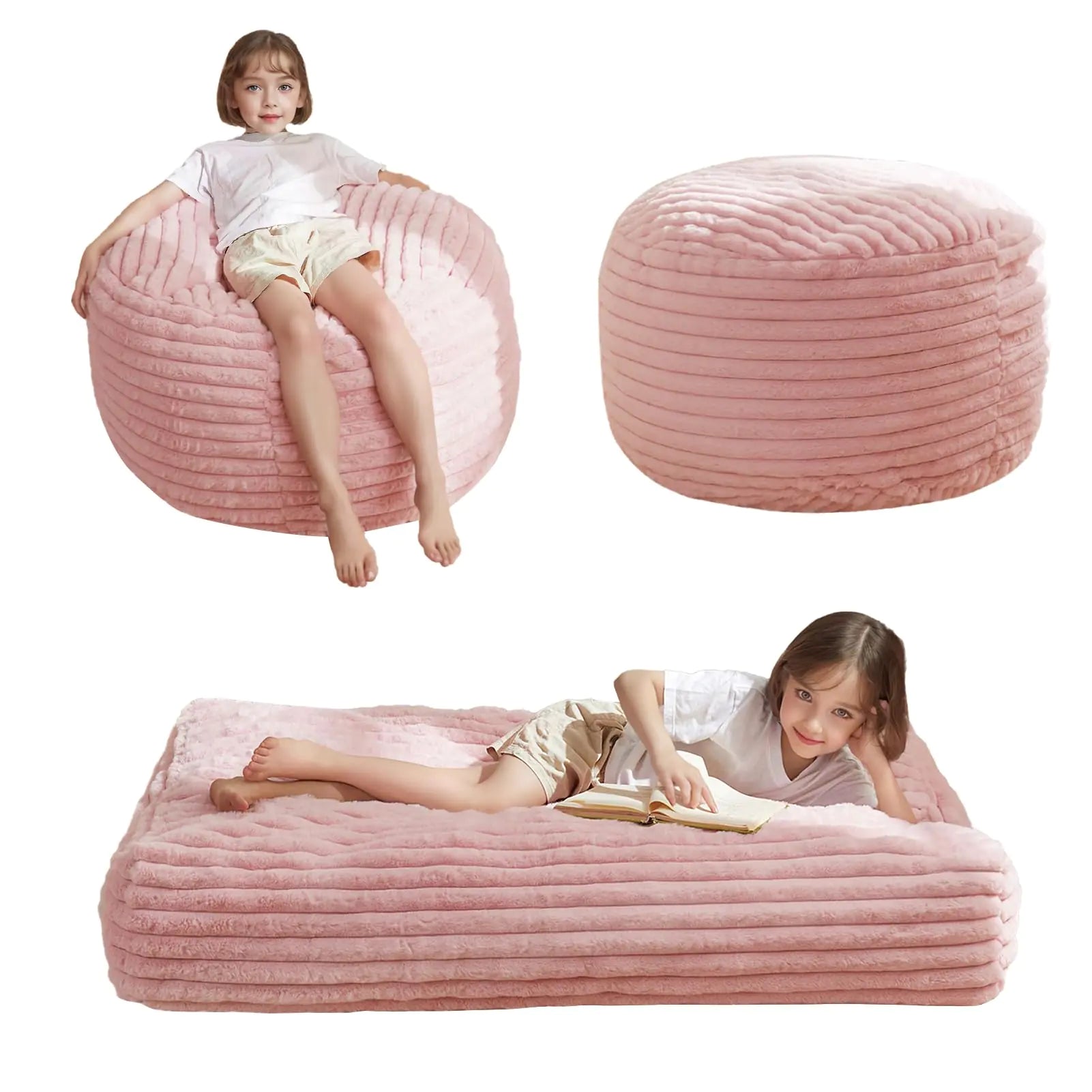 MAXYOYO Kids Bean Bag Chair Bed Convertible Children Bean Chair to Floor Mattress with Filler Faux Fur Bean Bag Bed Stuffed Child Sofa Couch for Girl Boy Sleeping Machine Washable Cover Pink