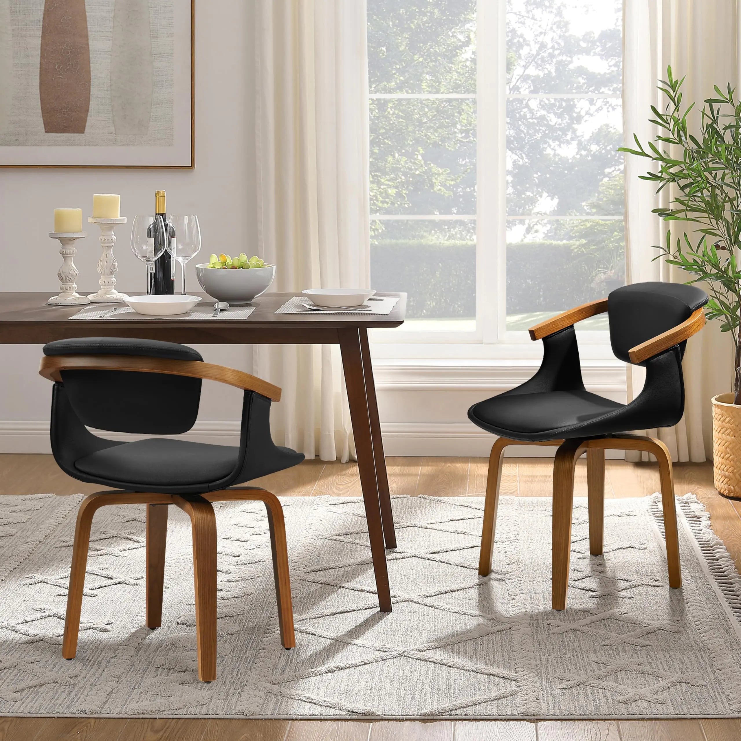 Art Leon Dining Chairs Set of 2 - Mid Century Modern Retro Faux Leather Chair Small Comfy Upholstered Swivel Desk Chairs No Wheels Black