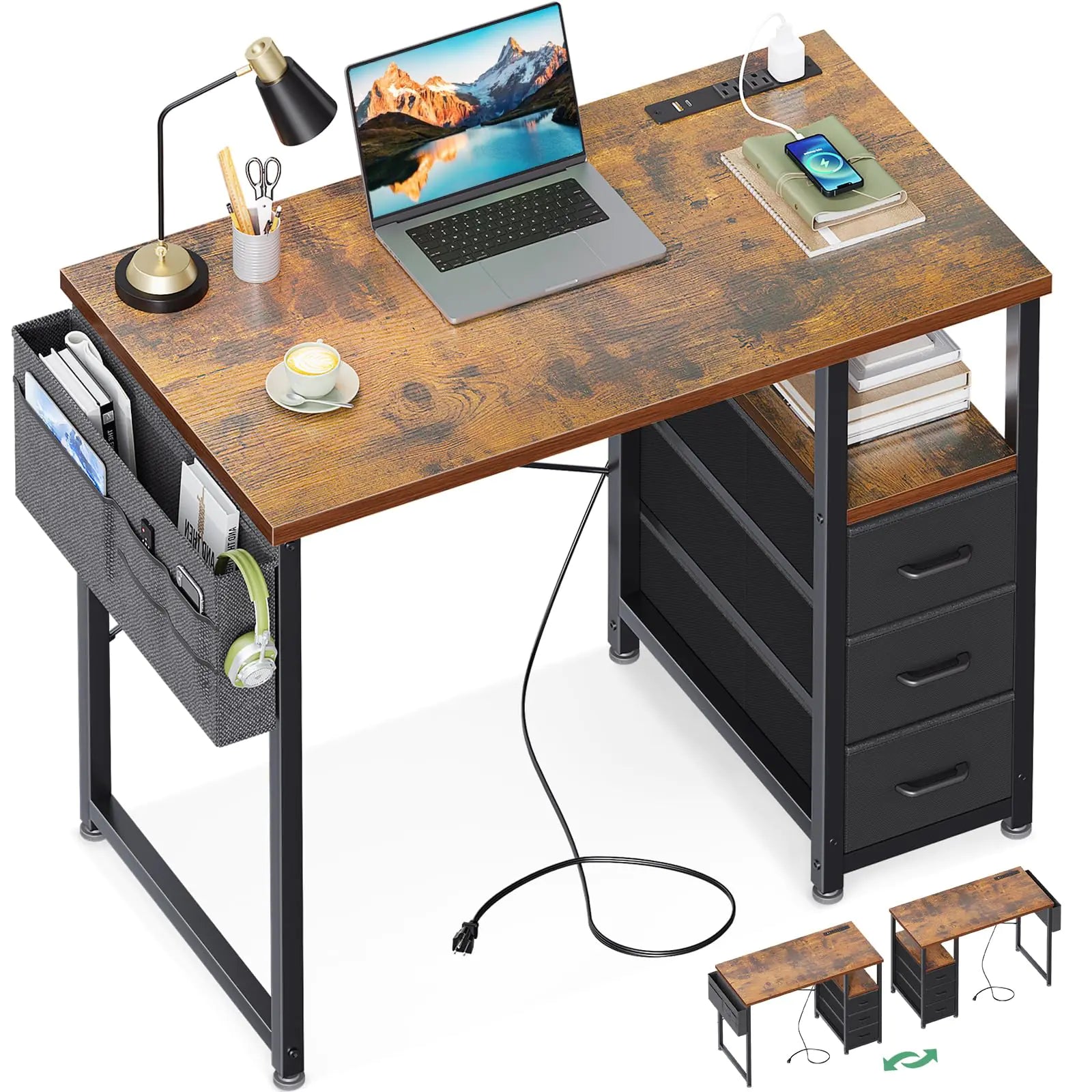 AODK 32" Small Computer Desk with Fabric Drawers and Charging Station Kids Girls Teen Study Writing Desk for Bedroom Home Office Desk with Storage Shelf & Bag Vanity Table for Small Space Vintage