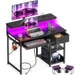 AODK Gaming Desk with LED Lights & Power Outlet 40 Inch Small Computer Desk with Keyboard Tray Office Desk with Drawer Reversible Desk with Adjustable Monitor Shelf and Storage Shelf Black