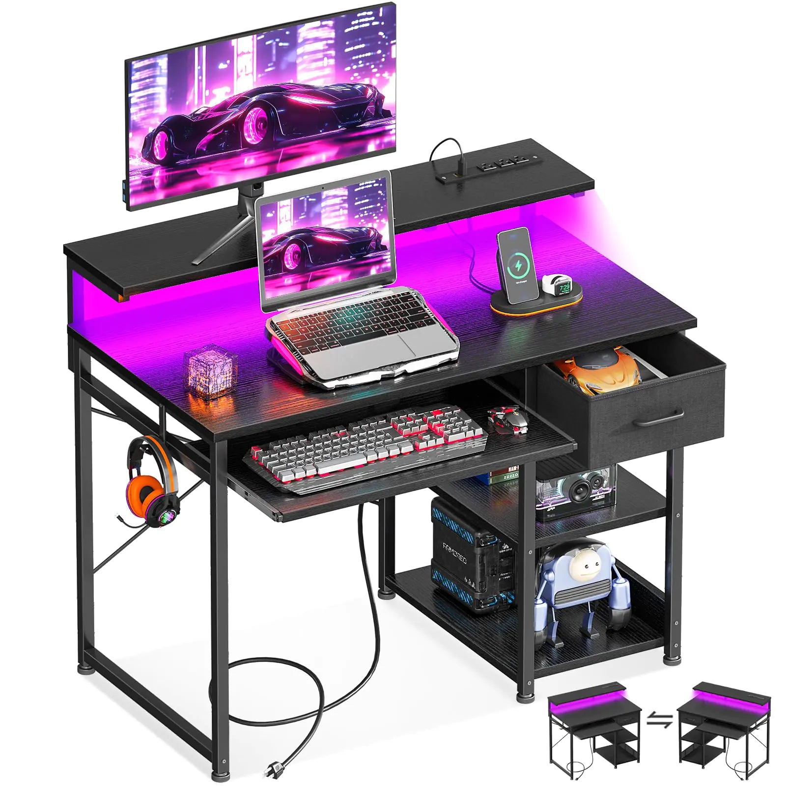 AODK Gaming Desk with LED Lights & Power Outlet 40 Inch Small Computer Desk with Keyboard Tray Office Desk with Drawer Reversible Desk with Adjustable Monitor Shelf and Storage Shelf Black