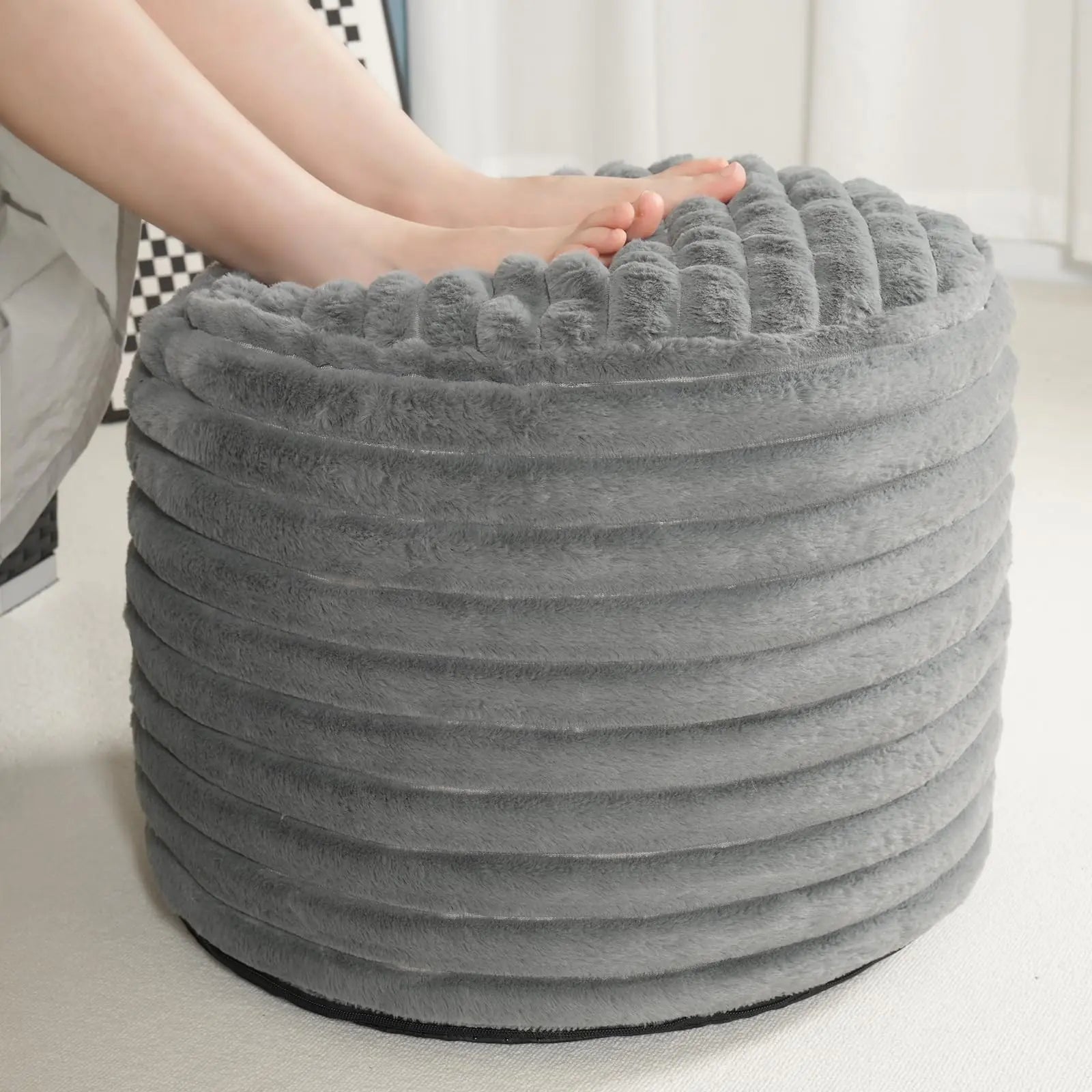 Pouf Ottoman Stuffed Round for Foot Rest Faux Fur Poufs with Foam Chunk Filling Storage Ottoman Pouf Foot Stool Cushion 26 X 18 Inch Floor Chair for Living Room Bedroom Home Decor Light Gray
