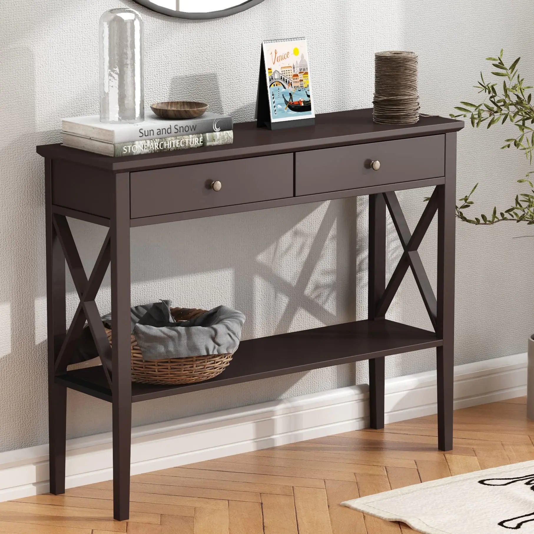 ChooChoo Console Table with Drawers Narrow Wood Accent Sofa Table Entryway Table with Storage Shelf for Entryway Front Hall Hallway Living Room Espresso