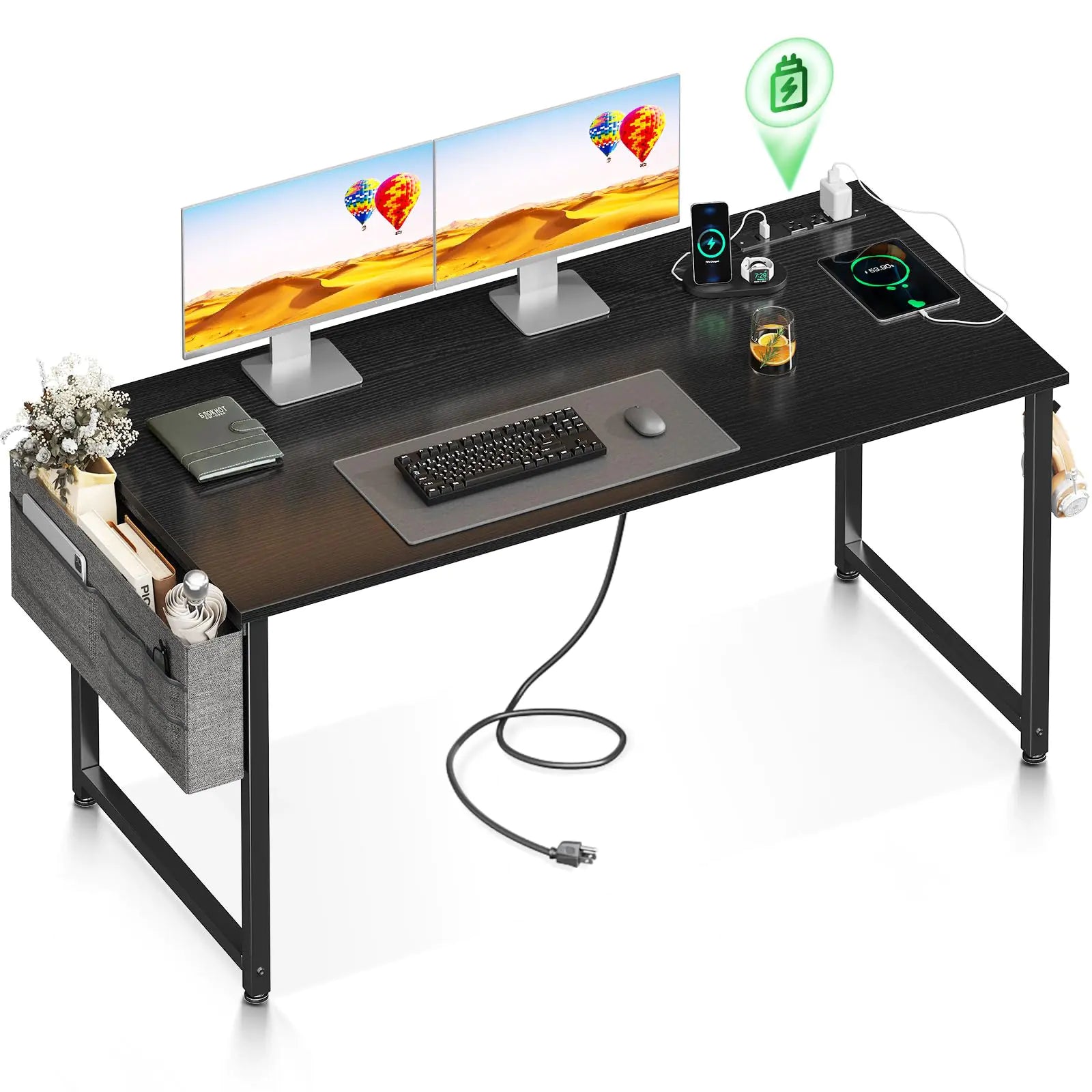 Casaottima Computer Desk 54 inch Office Desk with Storage Bag Writing Work Desk with Charging Station Outlets Built-in for Home Office Study Large Legroom Metal Frame Black
