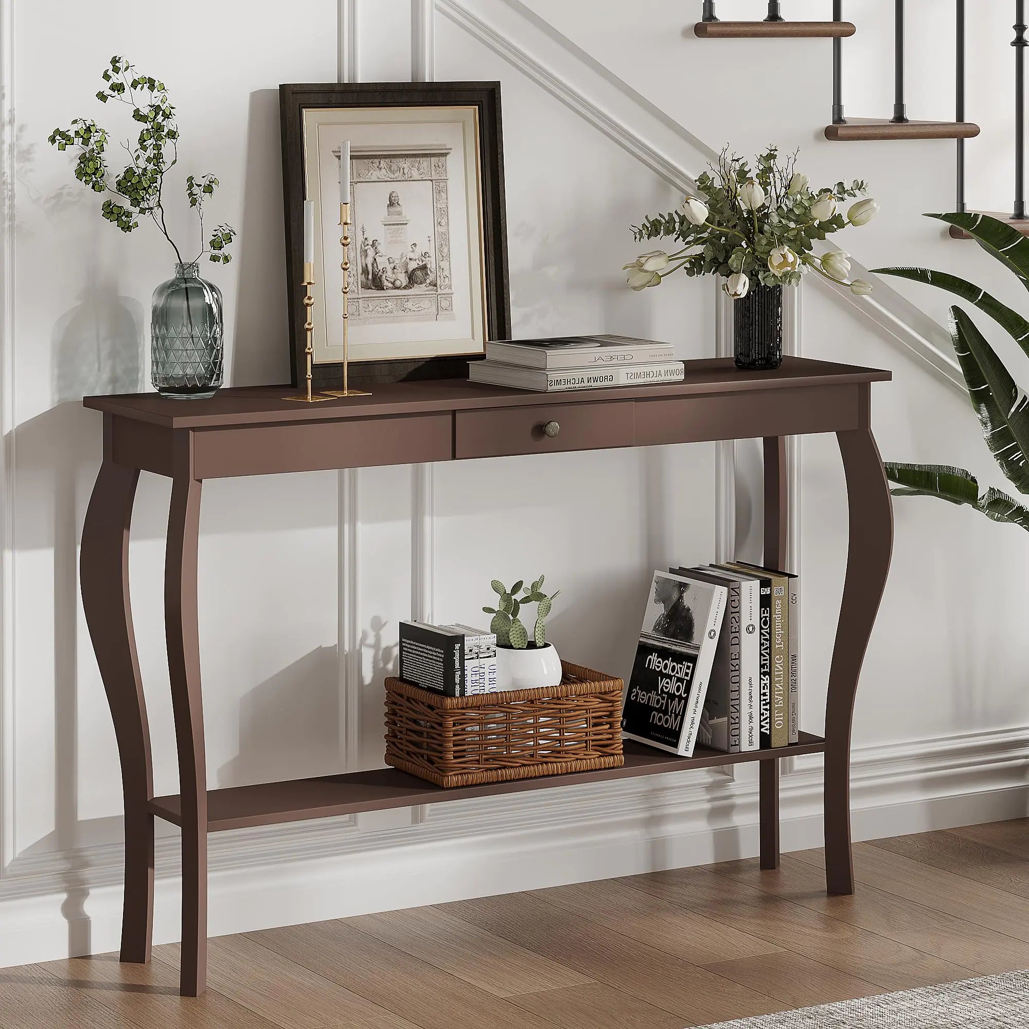 ChooChoo 47 Inch Narrow Console Table with Drawer Chic Accent Sofa Entryway Table with Shelves for Entryway Living Room Hallway Espresso