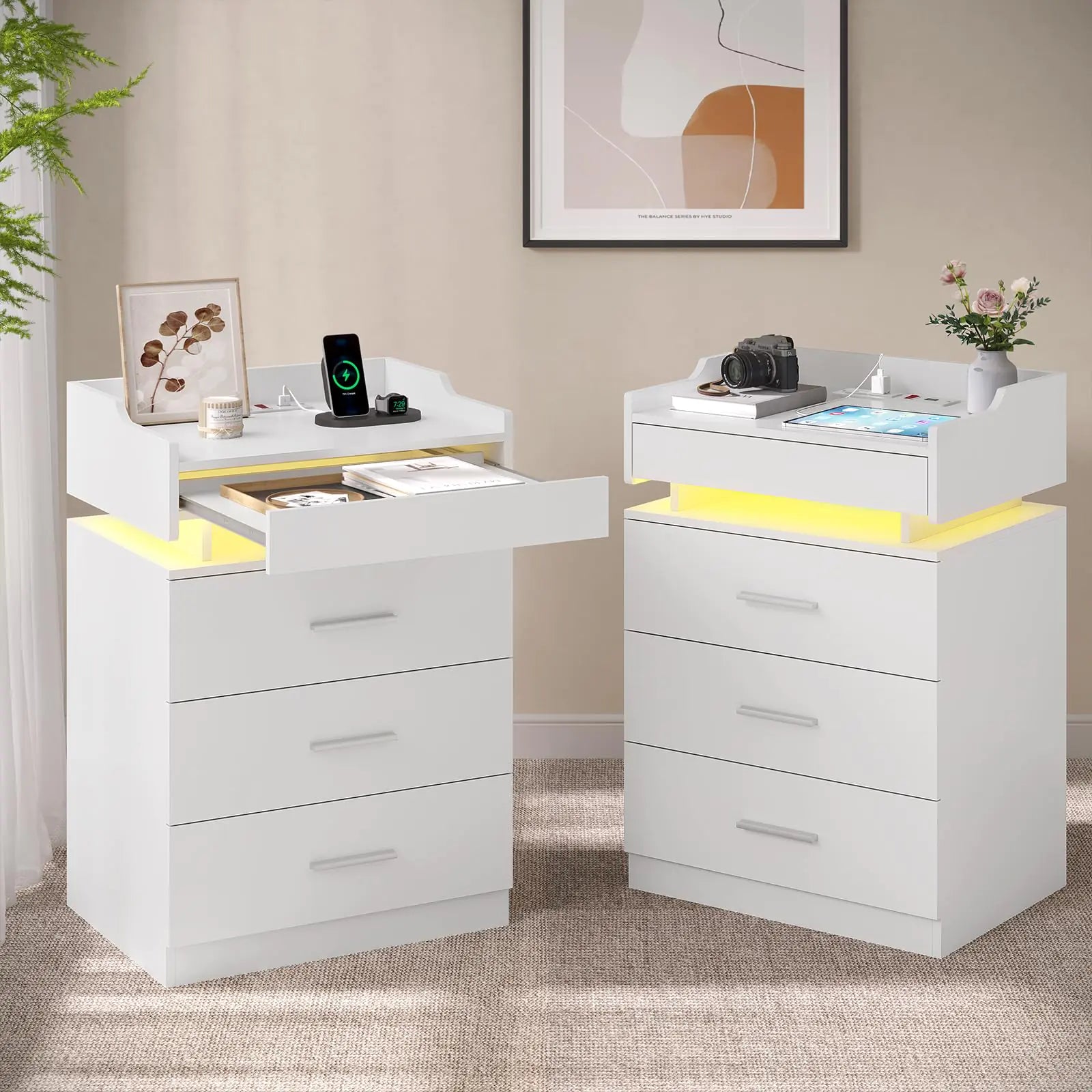HAUOMS White Nightstand Set of 2LED Night Stand with Charging Station & Pull-Out TrayBedside Table with DrawersModern End Table Side Table Storage Cabniet