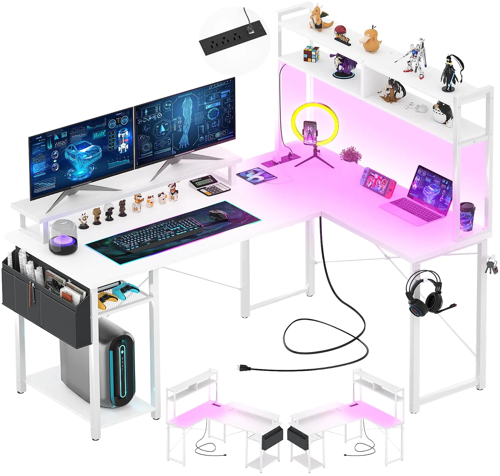 Aheaplus Small L Shaped Desk with Charging Port & LED Strip Reversible L-Shaped Gaming Desk Computer Desk with Monitor Stand & Storage Shelf Corner Desks Home Office Desk with Storage Bag White