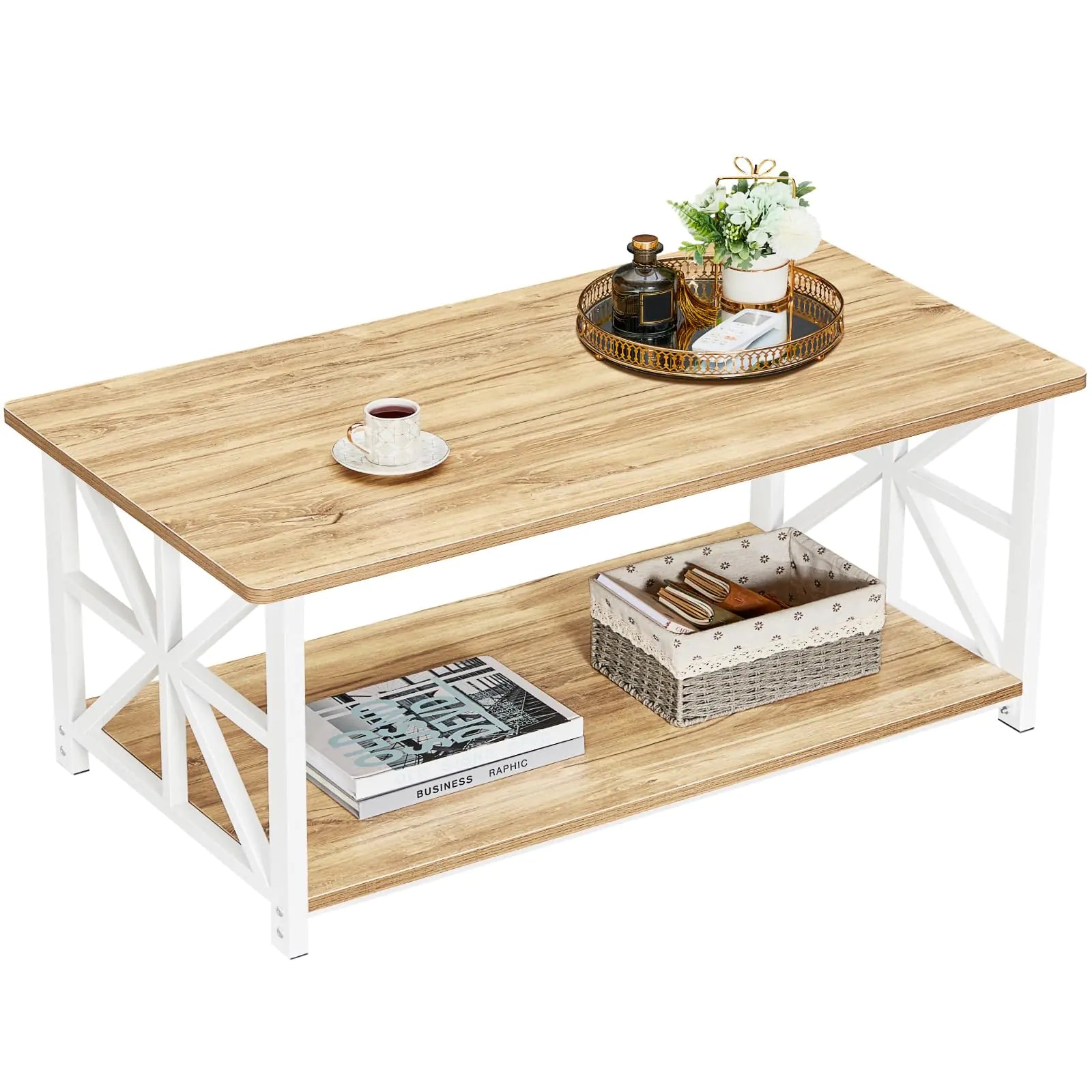 GreenForest Coffee Table with Round Corner Farmhouse Center Table with 2-Tier Storage Shelf X-Frame Design for Living Room 39 inch Oak